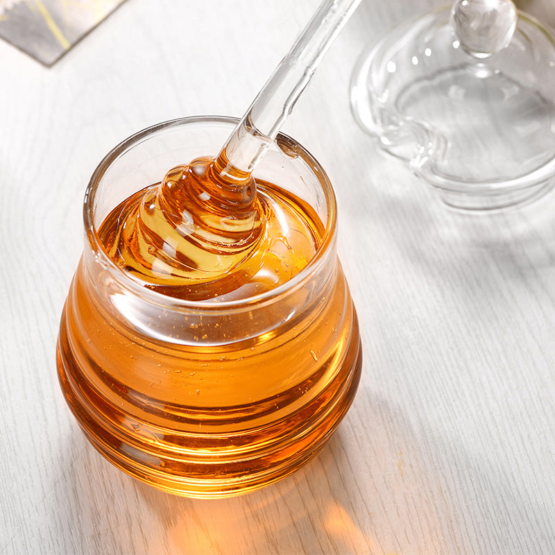 280ml Clear Wavy Glass Honey Jar with Honey Dipper Stick & Round Knob Lid, Airtight Honey Pot Container for Kitchen Storage & Tabletop Decor