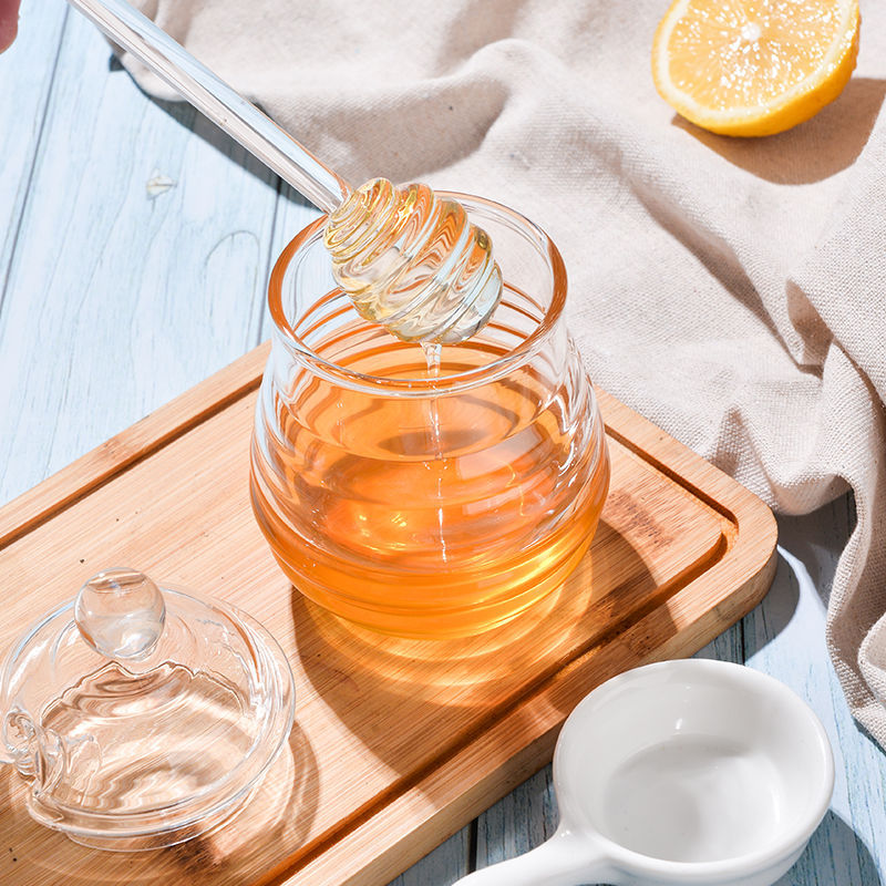 280ml Clear Wavy Glass Honey Jar with Honey Dipper Stick & Round Knob Lid, Airtight Honey Pot Container for Kitchen Storage & Tabletop Decor