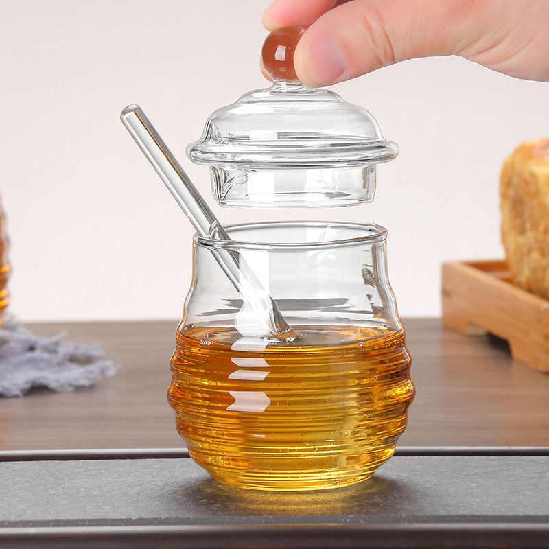 280ml Clear Wavy Glass Honey Jar with Honey Dipper Stick & Round Knob Lid, Airtight Honey Pot Container for Kitchen Storage & Tabletop Decor