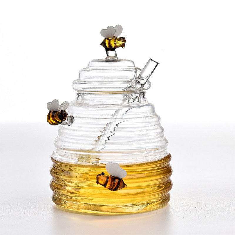 Bee Hive Glass Honey Jar with Decorative Bee Lid & Honey Dipper, Clear Glass Honey Pot for Kitchen Storage, Cute Honey Container for Home Decor & Gift