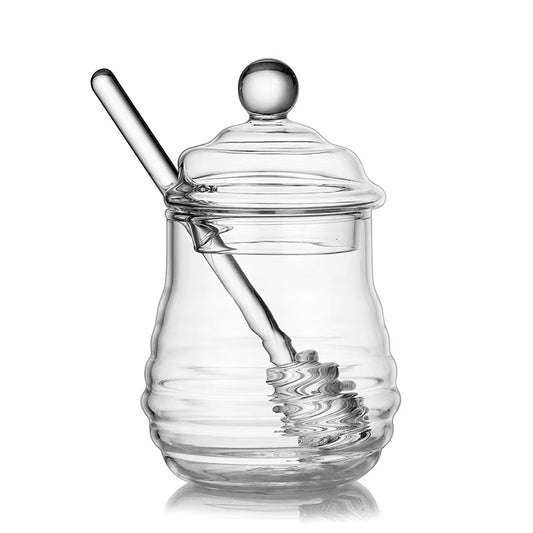 glass honey jar, honey pot, honey dispenser, honey container, honey jar with dipper, 280ml honey jar