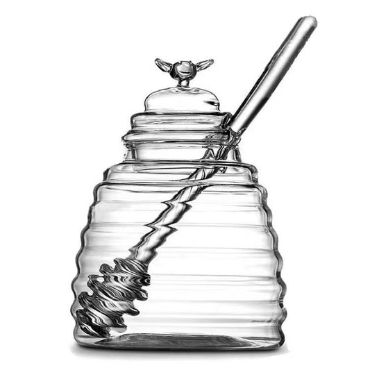 glass honey jar, honey pot, honey dispenser, honey container, honey jar with dipper