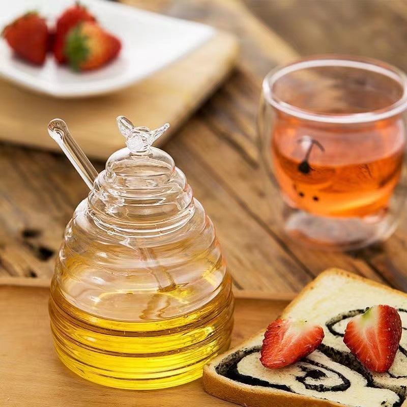 500ml Bee Hive Glass Honey Jar with Dipper Stick & Bee Lid, Clear Honey Pot Container for Kitchen Storage, Decorative Honey Dispenser Jar