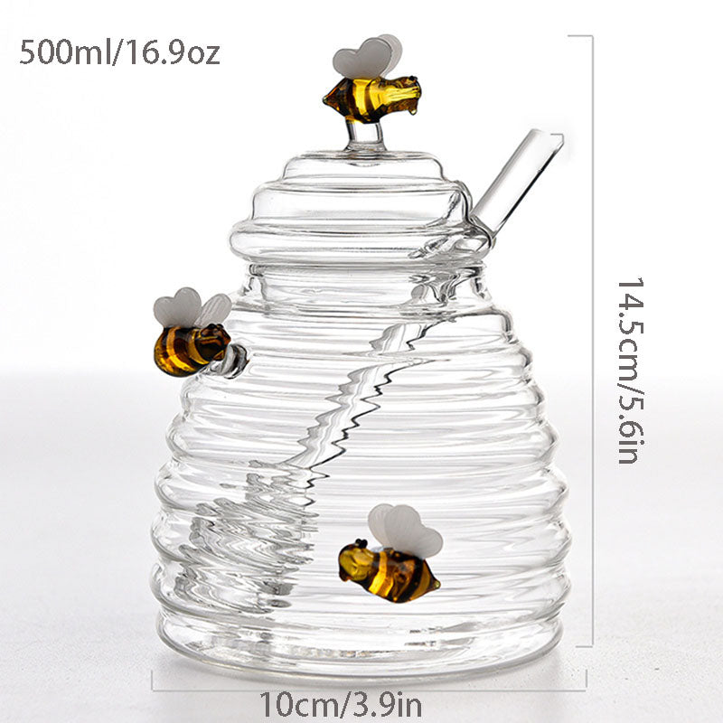 Bee Hive Glass Honey Jar with Decorative Bee Lid & Honey Dipper, Clear Glass Honey Pot for Kitchen Storage, Cute Honey Container for Home Decor & Gift