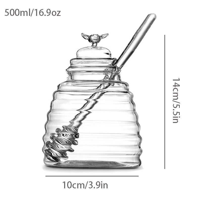 500ml Bee Hive Glass Honey Jar with Dipper Stick & Bee Lid, Clear Honey Pot Container for Kitchen Storage, Decorative Honey Dispenser Jar