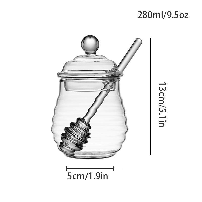 280ml Clear Wavy Glass Honey Jar with Honey Dipper Stick & Round Knob Lid, Airtight Honey Pot Container for Kitchen Storage & Tabletop Decor